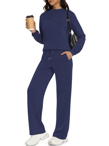 Casly Lamiit Two Piece Sweat Sets for Women Lounge Outfits Fall Casual High Neck Sweatshirts Track Suits Comfy Travel Athletic Clothing Navy Blue XL