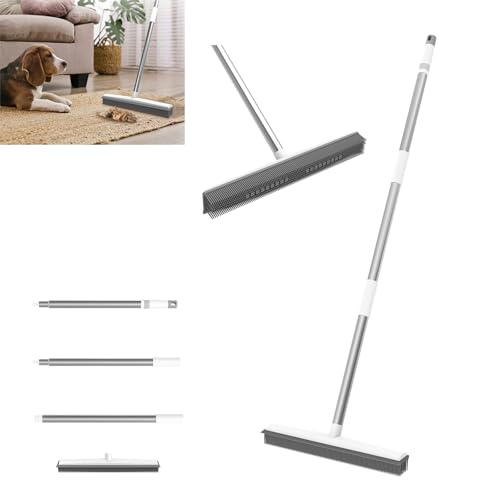 Bowose Carpet Brush Rubber Broom, Indoor 120cm Carpet Sweeper Pet Hair Remover with 31cm Rubber Brush Head and 3-Sections Metal Handle for Floor Cleaning
