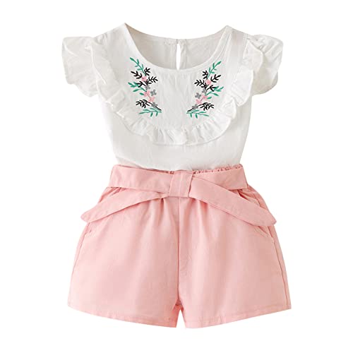 Tops+Shorts Camiseta Bebê Floral Babado Verão Infantil Roupas Bordadas 2 Peças Conjunto Infantil Rou