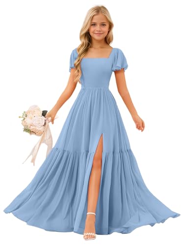 Ardenn Clothier Flutter Sleeve Junior Bridesmaid Dress Sky Blue Chiffon Flower Girl Dress for Wedding Elegant Party Gown 2-16 Years Size 11