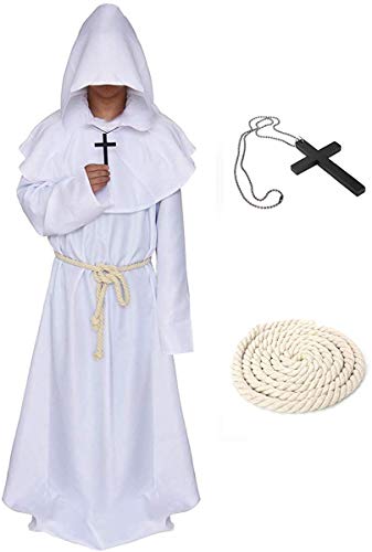 Mescara Robe de Moine Prister - Manteau de Moine Moyen Age Capuche Renaissance Robe Halloween Cosplay (Blanc, L) Cover