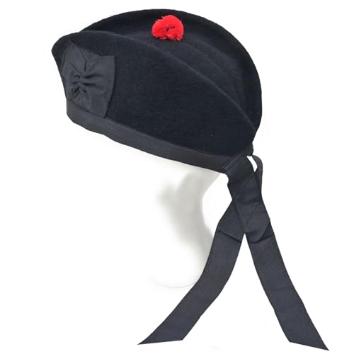 Kilt Emporium Scottish Piper Glengarry Hat Pure Wool Military Cap with Red Pom Pom Breathable Lined Comfortable Fit, Black, 6 3/4