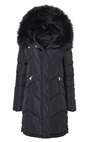 Sportoli Women Quilted Long Winter Coat Fur Trim Plush Lined Hood Puffer Jackets - Black (Medium)