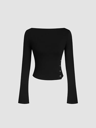 CIDER Crop Tops for Women Long Sleeve Going Out Top Boat Neck Button Slim Fit Basic Tee Casual Top4