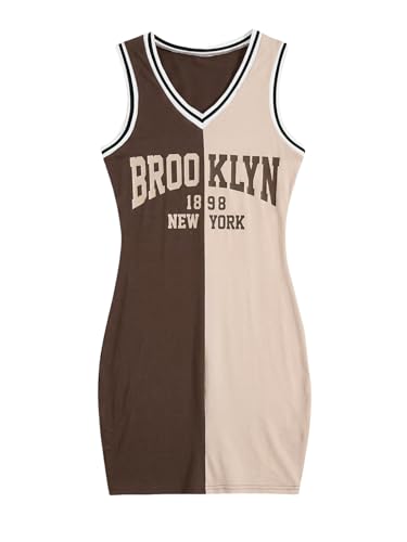 Image of SOLY HUX Women's Letter Graphic Print Color Block V Neck Sleeveless Bodycon Mini Dress