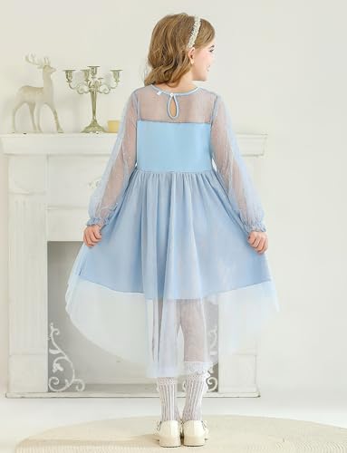 Happy Cherry Girls Puff Long Sleeve Contrast Mesh High Low Layered Dress Polka Dor Party Formal Sundress2