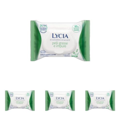 Lycia - Salviettine Struccanti per Pelli Grasse, Salviette Struccanti per Viso e Occhi, con Complesso Minerale, in tessuto 100% naturale, 20 pezzi (Confezione da 4)