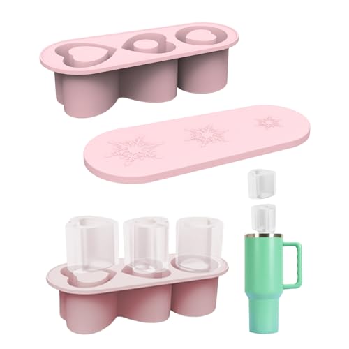 Bandeja de cubitos de hielo para vaso Stanley de 30 a 40 onzas, 3 moldes de silicona con tapa y contenedor para congelador, bebida helada, jugo, whisky, café (rosa)