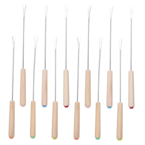 OFFSCH 12pcs Stainless Steel Fondue Forks with Long Oak Handle Color Coded Dipping Forks for Cheese Chocolate and Fruit for Family Gatherings and Parties