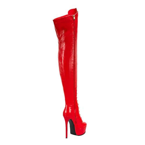 Image of Shiny leather Thigh high boots for Women Stiletto heel Platform Over the knee Round toe back zipper Sexy Front Strappy high heel Cosplay Custume unisex boots