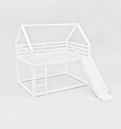 Image of Kids Bunk Bed with Slide & Ladder - House Shaped Twin Over Twin Bed Frame for Boys & Girls | Metal Low Loft Bunk for Toddlers & Children | Modern White Playhouse Bed for Kids Room