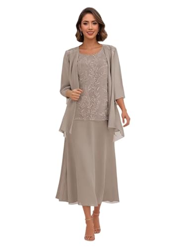 3 Pcs Taupe Mother of The Bride Summer Dresses Tea Length Grandmother of The Groom Dresses with Jacket Long Sleeve Applique A Line Formal Dress US 12