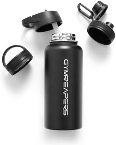 Gymreapers Insulated Water Bottle - Stainless Steel 32 Oz, 3 lids...