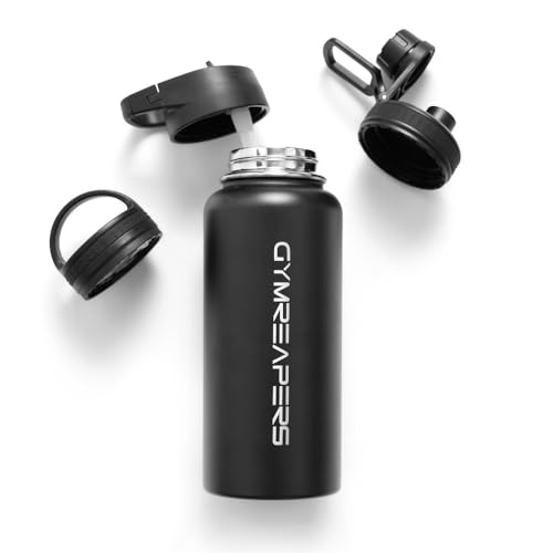 Gymreapers Insulated Water Bottle - Stainless Steel 32 Oz, 3 lids (Straw, Chug, Canteen), Double Walled Vacuum Insulation, Thermo Mug Cold Hot - Durable Powder Coated Finish (Black)
