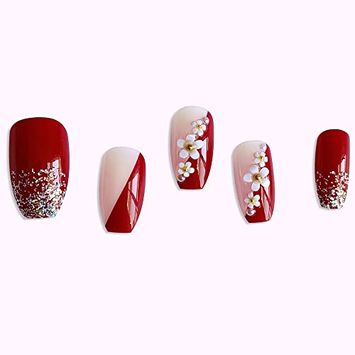 Secret Lives Premium Press on Nails Reusable Artifical Fake Nails Extension Wine Red Color with White 3d Flower & Golden Pearls 24 Pieces Set with Kit
