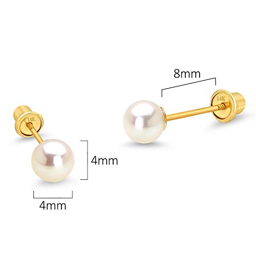 14K Yellow Gold 4Mm Simulated Pearl Children Screw Back Baby Girls Earrings #TOP1