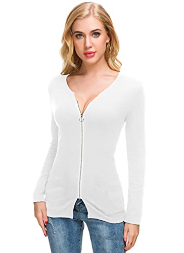 Image of Afibi Women V Neck Zip Front Long Sleeve Casual Top Blouse Shirt /Cardigan