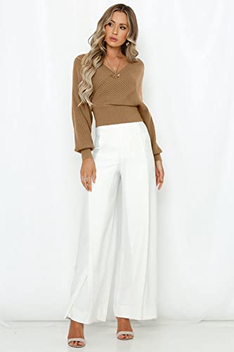 Image of ZAFUL Womens V Neck Cropped Wrap Sweaters Drop Shoulder Lantern Sleeve Pullover Tops Winter Sexy Cross Ribbed Clothes