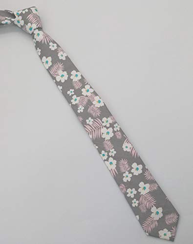 Image of Men's Skinny Tie Floral Cotton Necktie and Tie Bar Clip Sets, Great for Weddings,Groom,Groomsmen