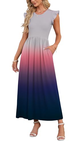AUSELILY Damen Sommer Rundhalsausschnitt Maxi Kleid mit Taschen Kurzarm und Rüschen Lässiges Hohe Taille Langes Lockeres Bodenlanger Rock Grau Rosa M 1
