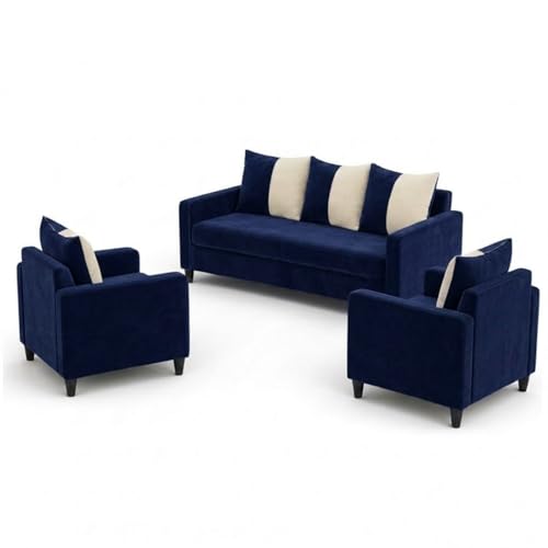 Image of FURNY Rion 3 Seater + 1 Seater + 1 Seater Fabric Sofa Set (Dark Blue-Cream) with Velvet Finish | Durable Comfort | Ideal for Living Room