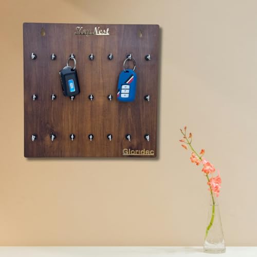 Image of Wooden Key Holder for Wall with 21 Hooks | Premium Wall Hanging Key Organizer | MDF Key Chain Holder for Home, Office, Kitchen, Hostel, Hotel, PG (Brown Finish)
