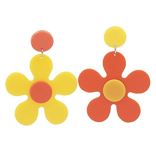 ONLYJUMP Vintage 60s 70s Flower Earrings - Colorful Floral Big Acrylic Daisy Dangle for Women - Lily Petals Hawaii Plant Statement Fashion Jewelry (Orange and Yellow)