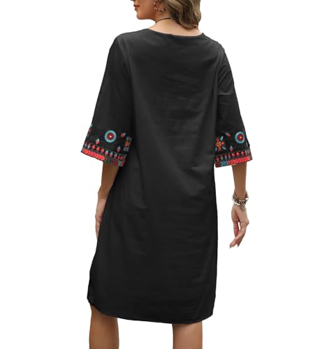 Image of Higustar Mexican Embroidered Dress Summer Cotton Bohemian Flower Peasant Traditional Mexico Fiesta Boho Dresses for Women