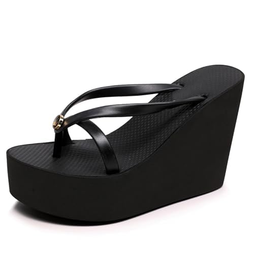 FAGLKAK Women'S Elastic Lace-Up Slip On Platform Wedge Flip Flop Fashion Round Peep Toe Slip-On Platform Clip Toe Slides Sandals Leisure Summer Beach Parties Sandals (Black,10)