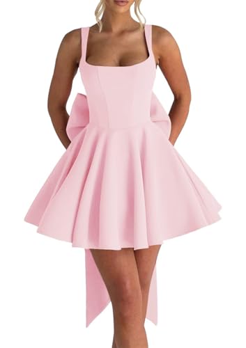 WSEYU ZM269 Kleid mit Spaghettiträgern für Teenager, kurzes Satin, Brautjungfer, Abschlussfeier, Cocktail-Party, Kleid mit Schleife, rose, 38