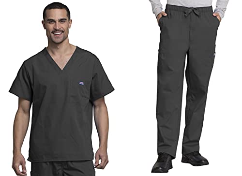 Cherokee 4789 & 4000 WW Originals Men's Scrub Set - V-Neck Top & Drawstring Cargo Pant, Pewter, XL-XL