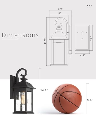Image of FEMILA Outdoor Wall Sconce, 15 inch Matte Black Seeded Glass Outdoor Sconce Lights, Front Porch Light Fixtures Wall Mount, Garage Lights for Patio, Entryway, Garden, E26 Base, 4FD54B BK