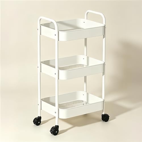 White 3-Tier Rolling Cart with Wheels, Multifunction Utility Storage Carts, Kitchen Storage Organizer, Mobile Shelving Unit for Bathroom, Laundry