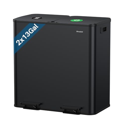 Dual Trash and Recycling Bins for Kitchen, 2×13 Gallon (2× 50L) Stainless Steel Trash and Recycle Bin Combo with Soft-Close Lid, Large Garbage Cans for Kitchen Home with 2 Magnets Sticker, Black