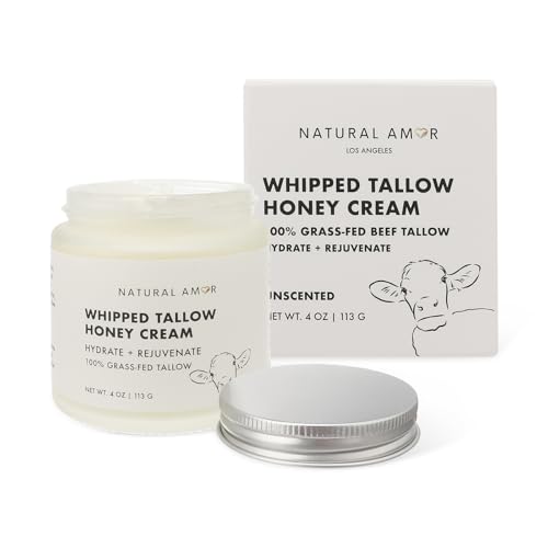 NATURAL AMOR LOS ANGELES Natural Amor Whipped Grass Fed Tallow Honey Cream – 4oz Natural Moisturizer with Shea Butter, Manuka Honey & Jojoba – Lightweight Body Cream for Dry, Sensitive Skin – Nourishing & Non-Greasy