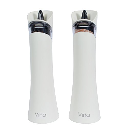 Vina Electric Gravity Salt Pepper Grinder Set, Adjustable Grinding Coarseness Automatic Shaker Mills with Ceramic Core, Free Garlic Roller Included, Pack of 2, White