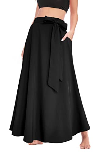 Afibi Women's High Waist Skirt Tie Front A-Line Flowy Long Maxi Skirts with Pockets2