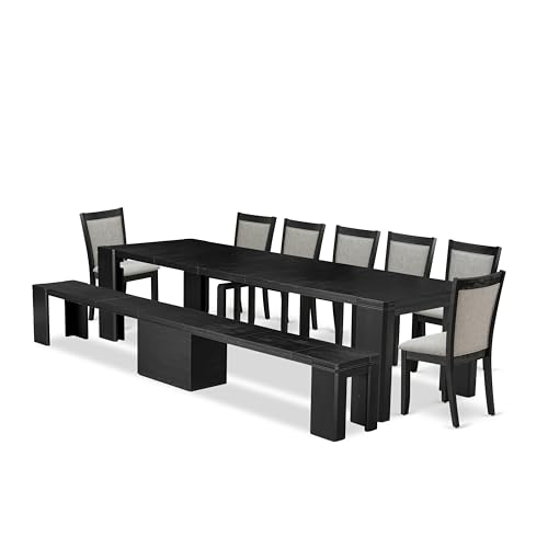 Image of X07MZ-B06-06 - 9-piece Dining Room Table Set a Rectangular Dining Table with wooden Benches and 7 Shitake Linen Fabric Dining Chair, 39x120 Inch, Wire Brushed Black