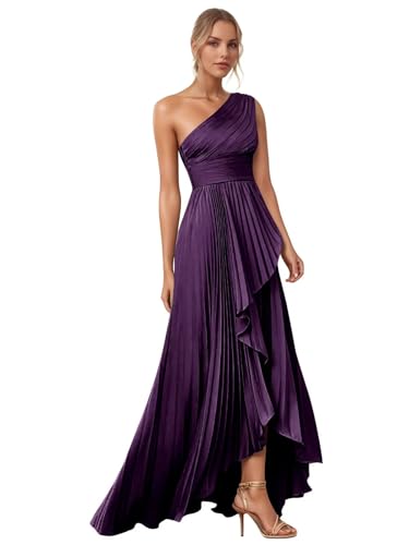 One Shoulder Bridesmaid Dress for Women Pleated Satin A Line Ruched Long Formal Party Dresses with Slit