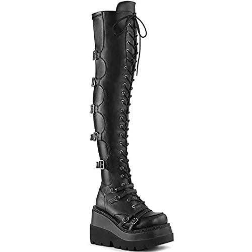 Women's Thigh High Platform Boots Goth Lace Up Over The Knee Boots Punk Motorcycle Riding Boot with Buckles
