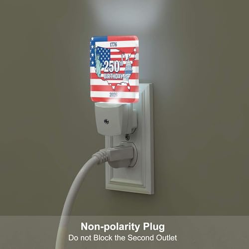 Image of 250 Years Birhtday of USA Night Light Set of 2, Patriotic Auto Sensor LED Dusk-to-Dawn Nightlights, Plug-in Sensor Lamp for Bedroom Bathroom Kitchen Hallway Stairs Decorative