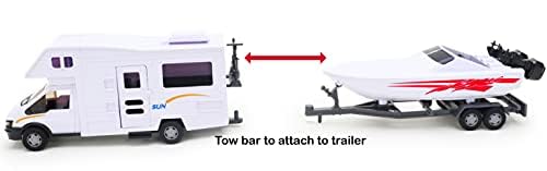 Toyland® Wohnmobilanhänger & Yellow Speedboat Play Toys - Fahrzeugspielzeug im Maßstab 1:48 (Weiß)