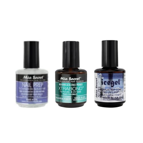 Mia Secret Nail Prep 0.5 oz (NP-30), Xtrabond Primer 0.5 oz (PR100), Icegel Acrylic Top Coat No UV Lamp 0.5oz/15ml (IG-50)