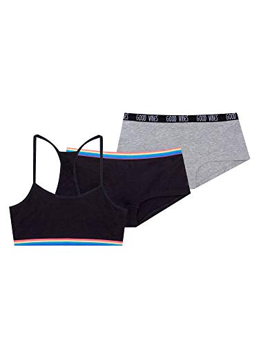 Fruit of the Loom Girls' Beginner Cotton Cami Crop Bra and Boyshort Panty, 3-Piece Set, Black Hue with Grey Heather, L Fruit of the Loom Girls' Beginner Cotton Cami Crop Bra and Boyshort Panty, 3-Piece Set, Black Hue with Grey Heather, L