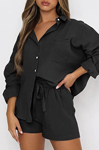 Image of Trendy Queen Two Piece Sets For Women Summer Short Sets | Matching Two Piece Pajama, Lounge Wear, Linen Set, Button-down Top with Matching Shorts, Perfect for Beach, Resort Wear