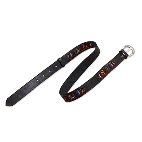 NOVICA Artisan Handmade Woolaccented Leather Belt with Andean Accents Accessories Belts Black Multicolor Patterned Peru Woven 'Cusco Heritage'