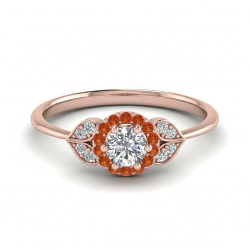 Image of Rose Gold Plated Diamond CZ & Blue Sapphire Petal Halo Engagement Ring for Women, Petite Round Shape Wedding & Everyday Jewelry, Handmade Gift for Wife US Size 4-12