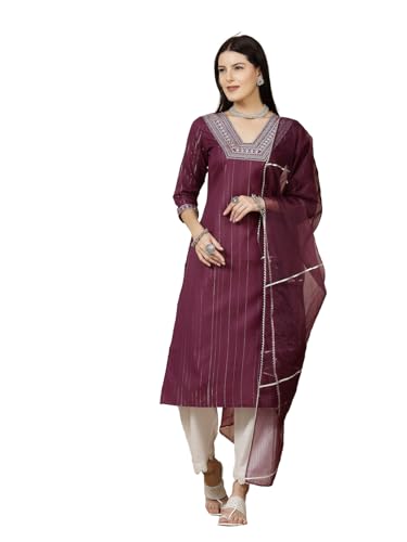 Stylum Women's Woven Design & Embroidered Cotton Blend Lurex Straight Kurta Pant Dupatta Set (Kpdpurplechakor38_Purple, M)