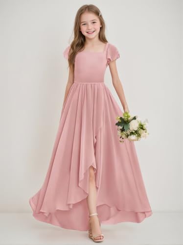 GATMAHE Chiffon Ruched Sqare Neck Junior Bridesmaid Dresses for Girls Short Sleeves High Low A-line Flower Girls Dress2