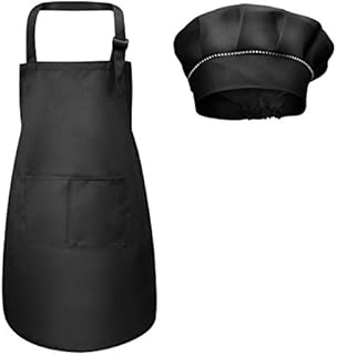 Fodlon Kids Apron and Chef Hat Set, Adjustable Children Kitchen Chef Apron with Pockets for Cooking Baking Painting 4-12 Years Old (Black, Large)